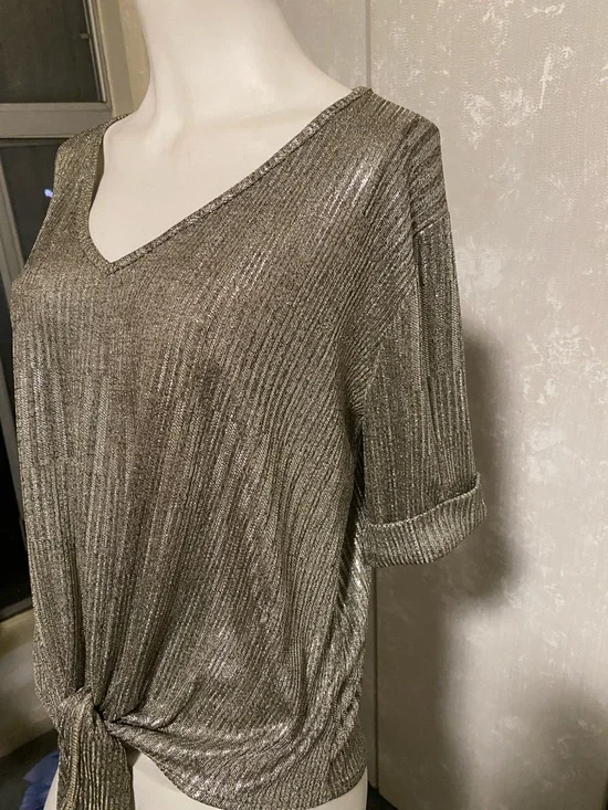 Metallic V-Neck Tie-Front Women's Top - Silver - Picture 2 of 2